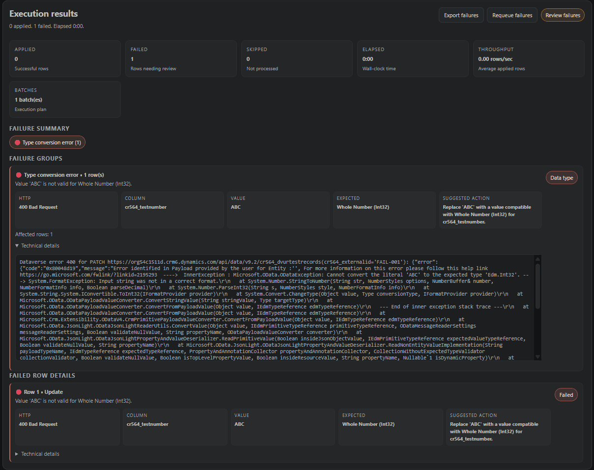 DV Bulk Upsert Runner failure diagnostics screenshot