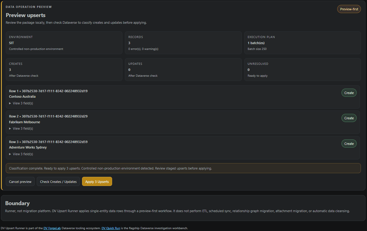 DV Bulk Upsert Runner preview upserts screenshot